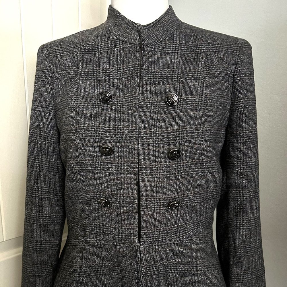 Tahari ASL Blk/Tan Plaid Long Sleeve Hook & Eye Closure Peplum Lined Jacket Sz 4